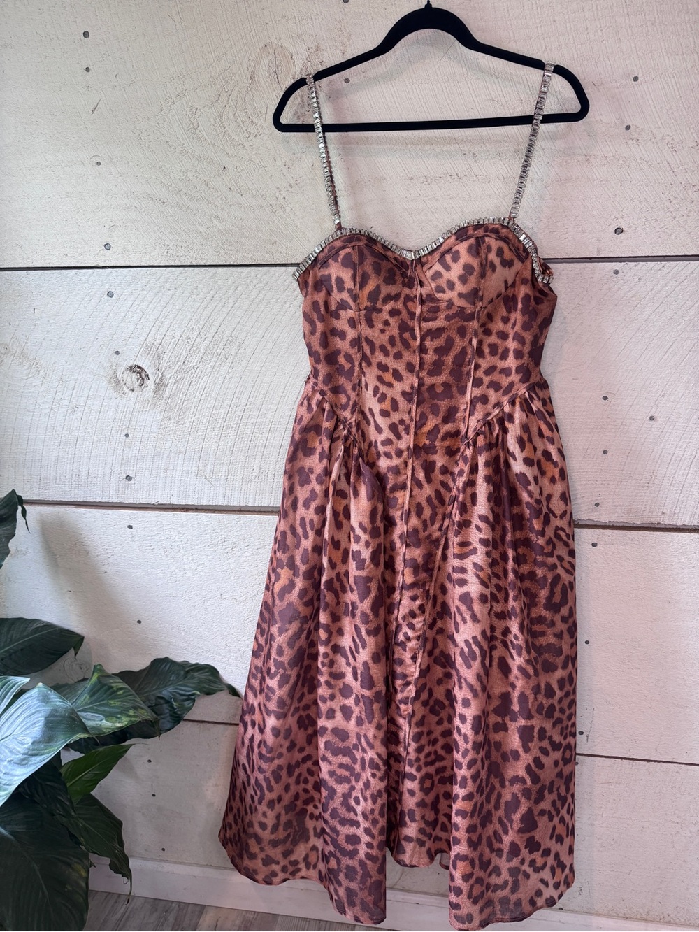 Ina Leopard-Print Satin Midi Dress with Rhinestone Straps